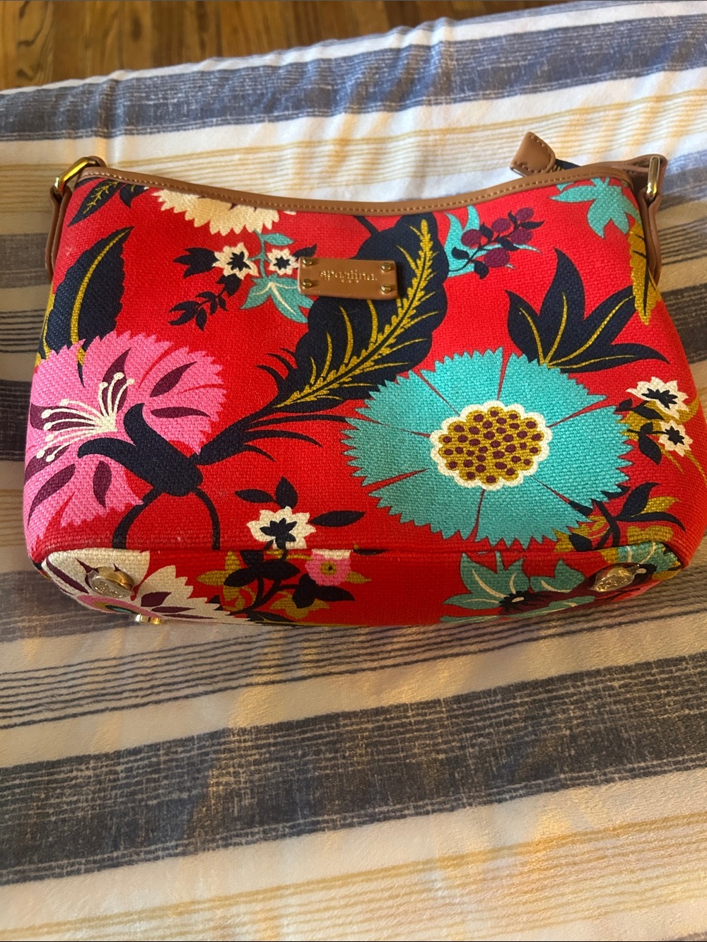 Sakroots Red Floral Canvas Shoulder Bag with Turquoise and Pink Accents
